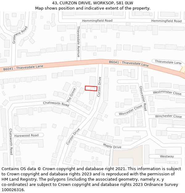 43, CURZON DRIVE, WORKSOP, S81 0LW: Location map and indicative extent of plot