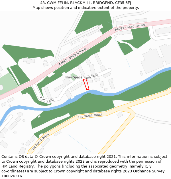 43, CWM FELIN, BLACKMILL, BRIDGEND, CF35 6EJ: Location map and indicative extent of plot