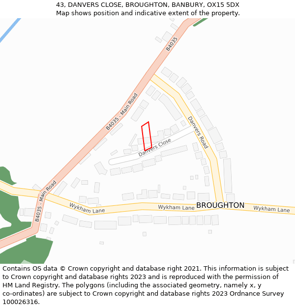 43, DANVERS CLOSE, BROUGHTON, BANBURY, OX15 5DX: Location map and indicative extent of plot