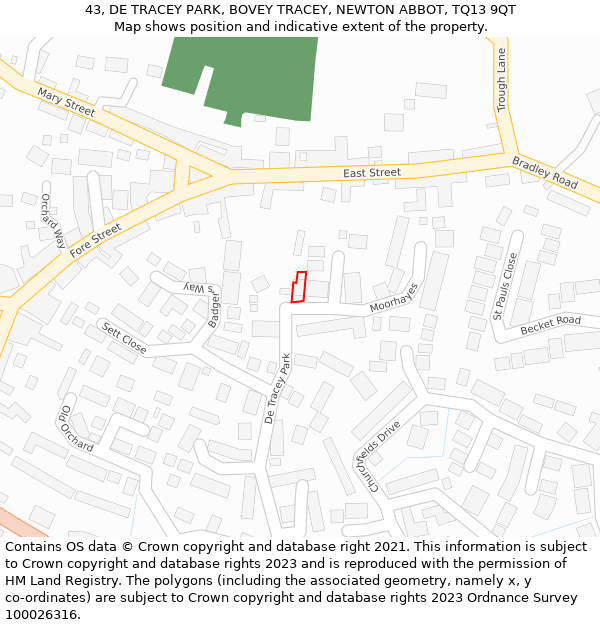 43, DE TRACEY PARK, BOVEY TRACEY, NEWTON ABBOT, TQ13 9QT: Location map and indicative extent of plot