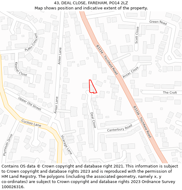 43, DEAL CLOSE, FAREHAM, PO14 2LZ: Location map and indicative extent of plot