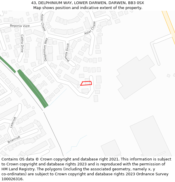 43, DELPHINIUM WAY, LOWER DARWEN, DARWEN, BB3 0SX: Location map and indicative extent of plot