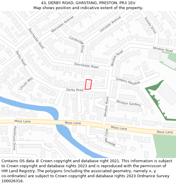43, DERBY ROAD, GARSTANG, PRESTON, PR3 1EU: Location map and indicative extent of plot