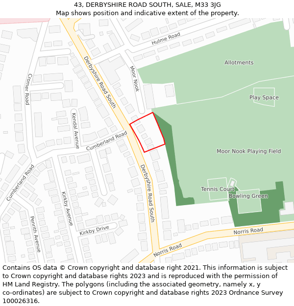 43, DERBYSHIRE ROAD SOUTH, SALE, M33 3JG: Location map and indicative extent of plot