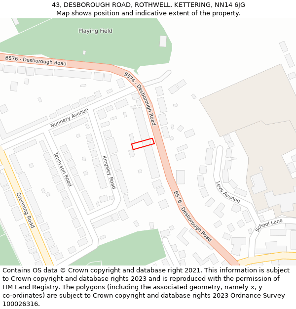 43, DESBOROUGH ROAD, ROTHWELL, KETTERING, NN14 6JG: Location map and indicative extent of plot