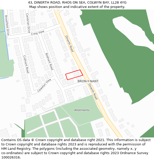 43, DINERTH ROAD, RHOS ON SEA, COLWYN BAY, LL28 4YG: Location map and indicative extent of plot