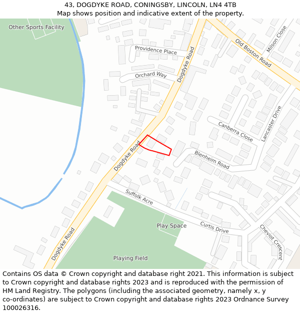43, DOGDYKE ROAD, CONINGSBY, LINCOLN, LN4 4TB: Location map and indicative extent of plot