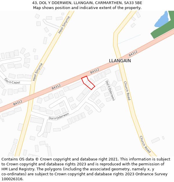 43, DOL Y DDERWEN, LLANGAIN, CARMARTHEN, SA33 5BE: Location map and indicative extent of plot