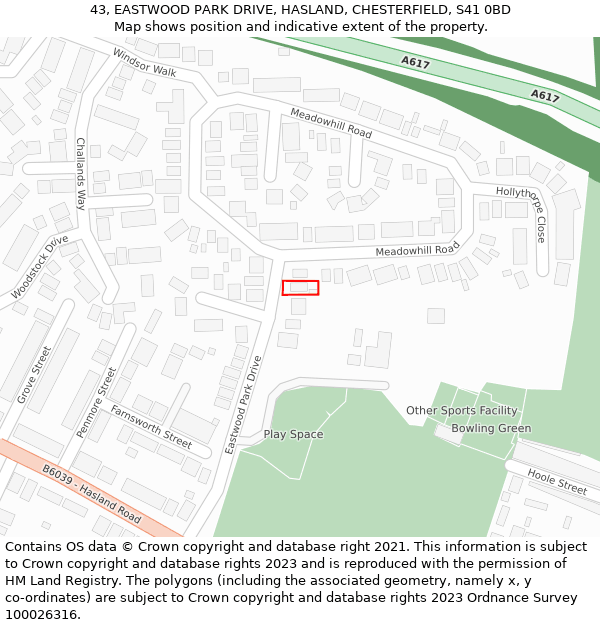 43, EASTWOOD PARK DRIVE, HASLAND, CHESTERFIELD, S41 0BD: Location map and indicative extent of plot