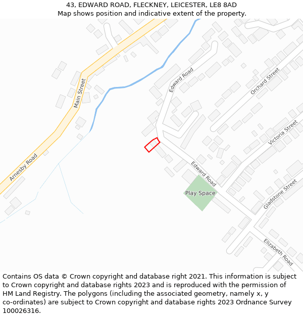 43, EDWARD ROAD, FLECKNEY, LEICESTER, LE8 8AD: Location map and indicative extent of plot