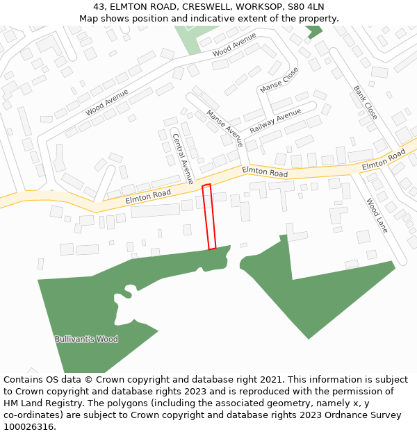 43, ELMTON ROAD, CRESWELL, WORKSOP, S80 4LN: Location map and indicative extent of plot