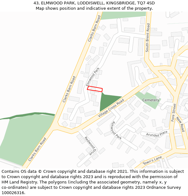 43, ELMWOOD PARK, LODDISWELL, KINGSBRIDGE, TQ7 4SD: Location map and indicative extent of plot