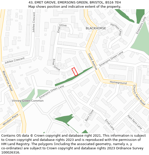 43, EMET GROVE, EMERSONS GREEN, BRISTOL, BS16 7EH: Location map and indicative extent of plot