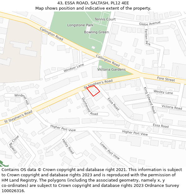 43, ESSA ROAD, SALTASH, PL12 4EE: Location map and indicative extent of plot