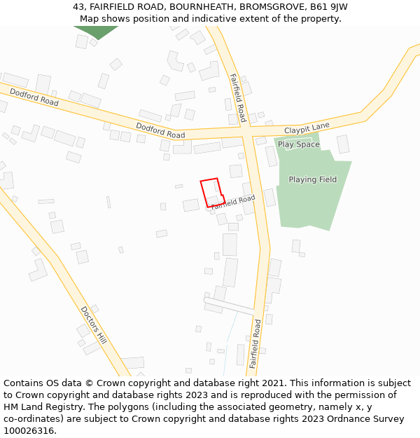 43, FAIRFIELD ROAD, BOURNHEATH, BROMSGROVE, B61 9JW: Location map and indicative extent of plot