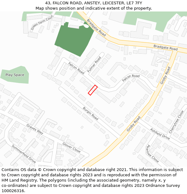 43, FALCON ROAD, ANSTEY, LEICESTER, LE7 7FY: Location map and indicative extent of plot