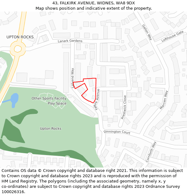 43, FALKIRK AVENUE, WIDNES, WA8 9DX: Location map and indicative extent of plot