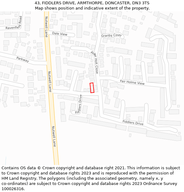 43, FIDDLERS DRIVE, ARMTHORPE, DONCASTER, DN3 3TS: Location map and indicative extent of plot