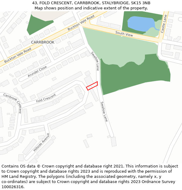 43, FOLD CRESCENT, CARRBROOK, STALYBRIDGE, SK15 3NB: Location map and indicative extent of plot