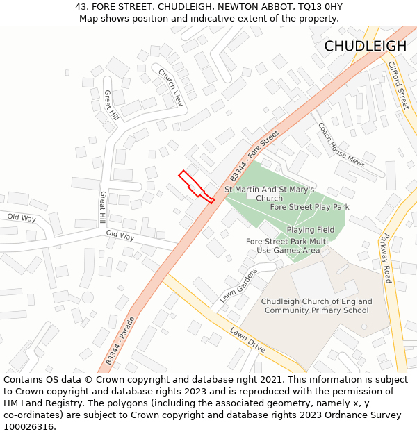 43, FORE STREET, CHUDLEIGH, NEWTON ABBOT, TQ13 0HY: Location map and indicative extent of plot