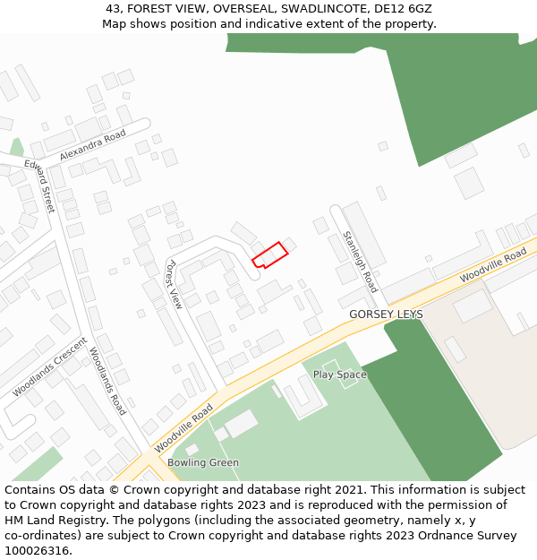 43, FOREST VIEW, OVERSEAL, SWADLINCOTE, DE12 6GZ: Location map and indicative extent of plot