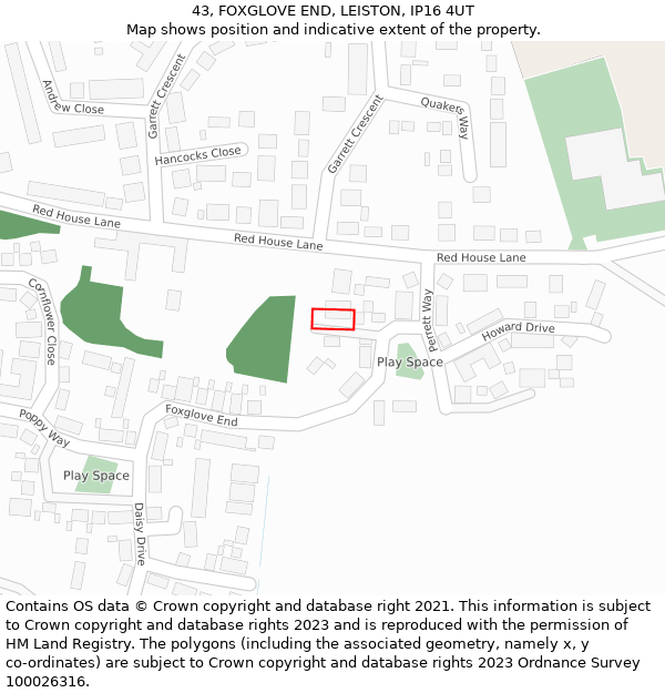 43, FOXGLOVE END, LEISTON, IP16 4UT: Location map and indicative extent of plot