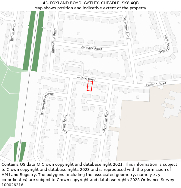 43, FOXLAND ROAD, GATLEY, CHEADLE, SK8 4QB: Location map and indicative extent of plot