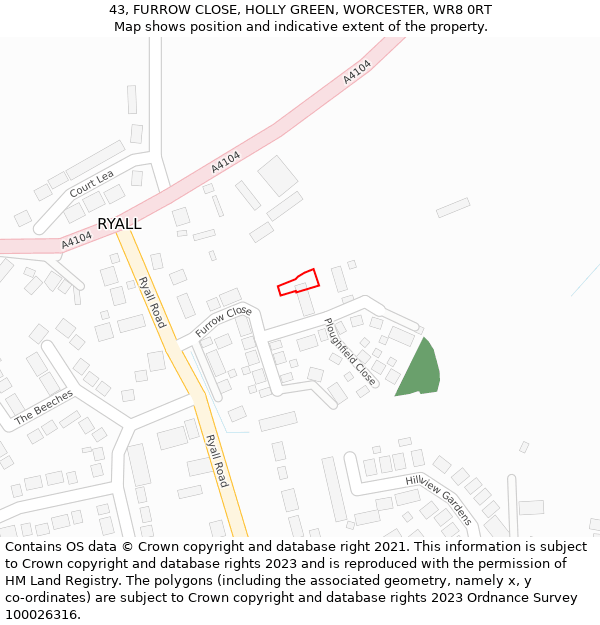 43, FURROW CLOSE, HOLLY GREEN, WORCESTER, WR8 0RT: Location map and indicative extent of plot