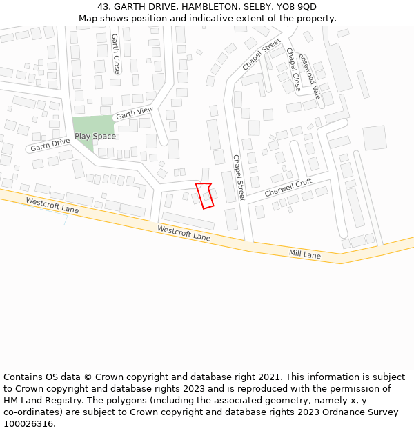 43, GARTH DRIVE, HAMBLETON, SELBY, YO8 9QD: Location map and indicative extent of plot