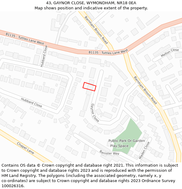 43, GAYNOR CLOSE, WYMONDHAM, NR18 0EA: Location map and indicative extent of plot