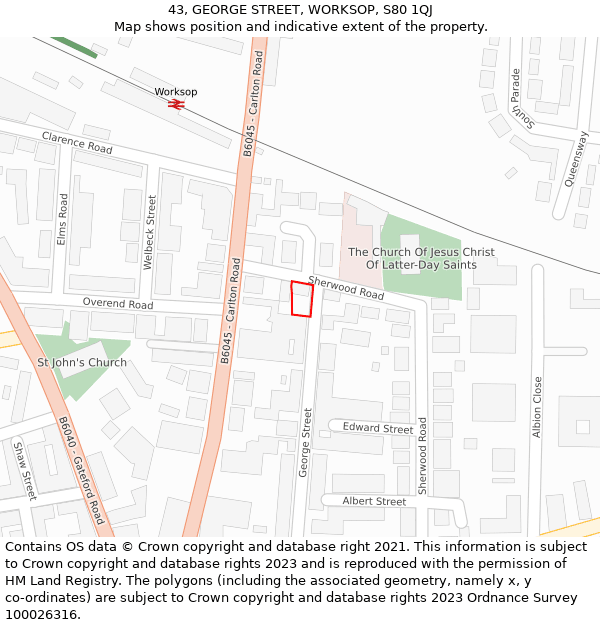 43, GEORGE STREET, WORKSOP, S80 1QJ: Location map and indicative extent of plot