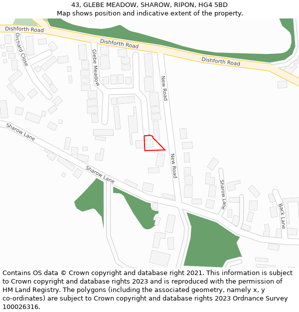 43, GLEBE MEADOW, SHAROW, RIPON, HG4 5BD: Location map and indicative extent of plot