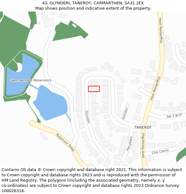 43, GLYNDERI, TANERDY, CARMARTHEN, SA31 2EX: Location map and indicative extent of plot