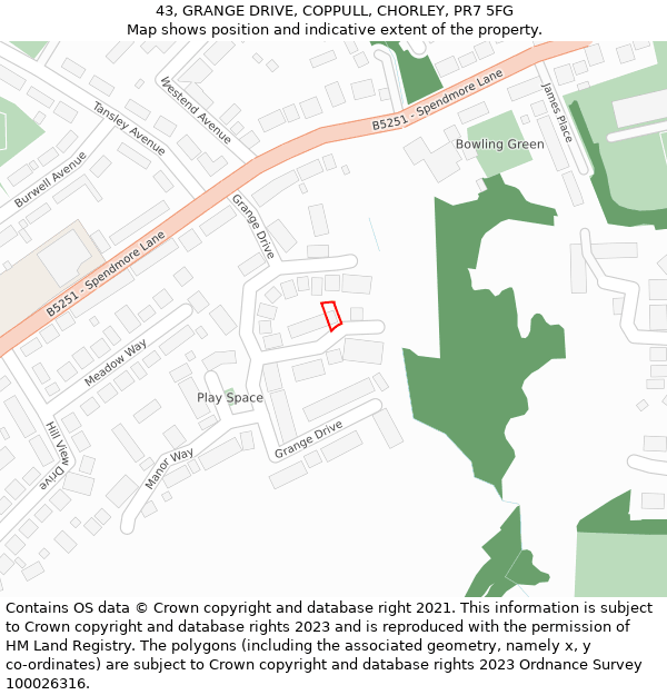 43, GRANGE DRIVE, COPPULL, CHORLEY, PR7 5FG: Location map and indicative extent of plot
