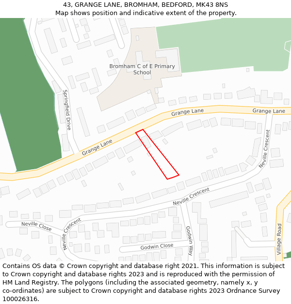 43, GRANGE LANE, BROMHAM, BEDFORD, MK43 8NS: Location map and indicative extent of plot