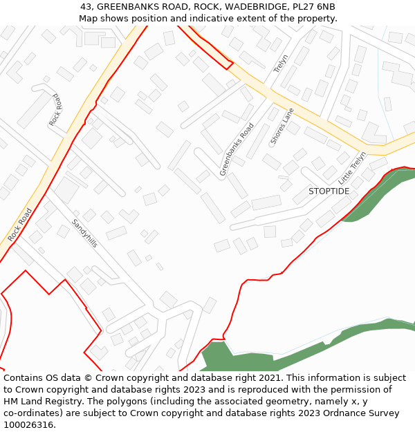 43, GREENBANKS ROAD, ROCK, WADEBRIDGE, PL27 6NB: Location map and indicative extent of plot