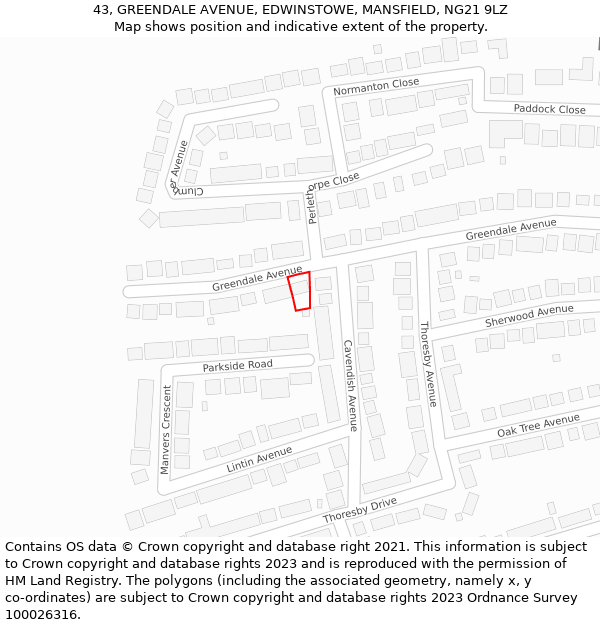 43, GREENDALE AVENUE, EDWINSTOWE, MANSFIELD, NG21 9LZ: Location map and indicative extent of plot