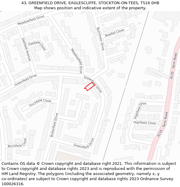 43, GREENFIELD DRIVE, EAGLESCLIFFE, STOCKTON-ON-TEES, TS16 0HB: Location map and indicative extent of plot