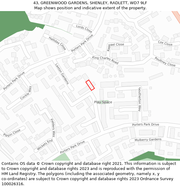 43, GREENWOOD GARDENS, SHENLEY, RADLETT, WD7 9LF: Location map and indicative extent of plot