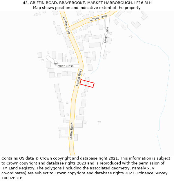 43, GRIFFIN ROAD, BRAYBROOKE, MARKET HARBOROUGH, LE16 8LH: Location map and indicative extent of plot