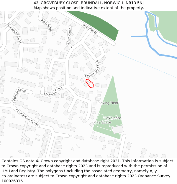 43, GROVEBURY CLOSE, BRUNDALL, NORWICH, NR13 5NJ: Location map and indicative extent of plot