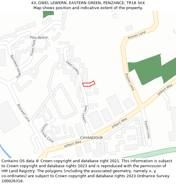 43, GWEL LEWERN, EASTERN GREEN, PENZANCE, TR18 3AX: Location map and indicative extent of plot