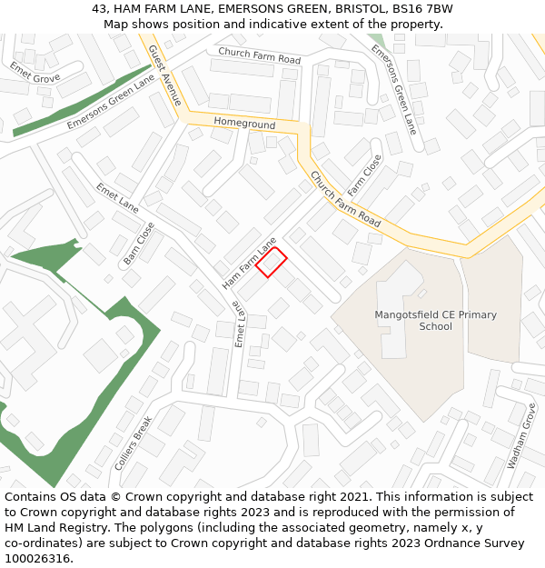 43, HAM FARM LANE, EMERSONS GREEN, BRISTOL, BS16 7BW: Location map and indicative extent of plot