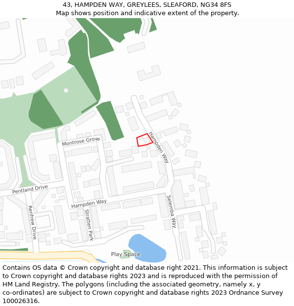 43, HAMPDEN WAY, GREYLEES, SLEAFORD, NG34 8FS: Location map and indicative extent of plot