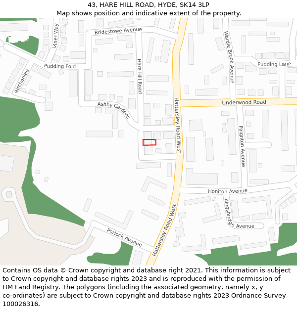 43, HARE HILL ROAD, HYDE, SK14 3LP: Location map and indicative extent of plot