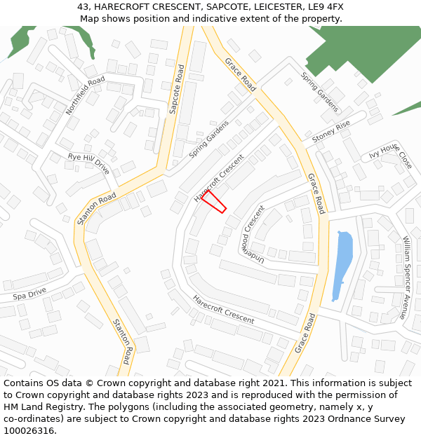43, HARECROFT CRESCENT, SAPCOTE, LEICESTER, LE9 4FX: Location map and indicative extent of plot