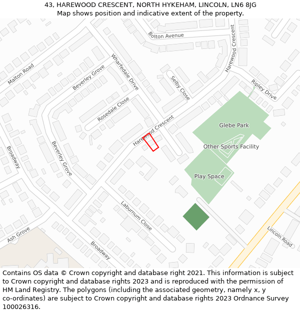 43, HAREWOOD CRESCENT, NORTH HYKEHAM, LINCOLN, LN6 8JG: Location map and indicative extent of plot