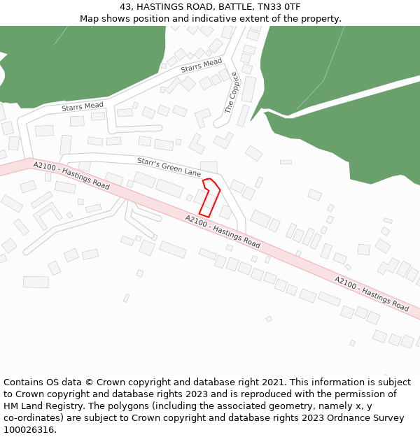 43, HASTINGS ROAD, BATTLE, TN33 0TF: Location map and indicative extent of plot