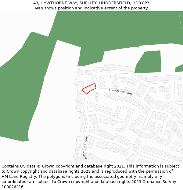 43, HAWTHORNE WAY, SHELLEY, HUDDERSFIELD, HD8 8PX: Location map and indicative extent of plot