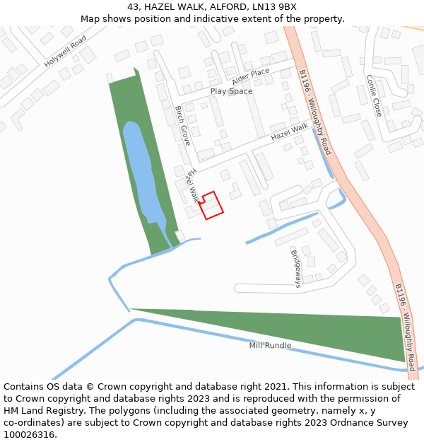 43, HAZEL WALK, ALFORD, LN13 9BX: Location map and indicative extent of plot